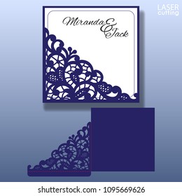 Die laser cut wedding card vector template. Invitation envelope with lace corner. Wedding lace invitation mockup. Template for cutting. Die cut pocket envelope template.