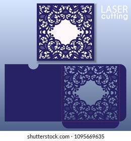 Die laser cut wedding card vector template. Invitation envelope with lace frame. Wedding lace invitation mockup. Template for cutting. Die cut pocket envelope template.