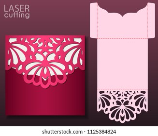 Die laser cut wedding card vector template. Invitation envelope. Wedding lace invitation mockup. Template for laser cutting. Die cut pocket envelope template. It can be used as an envelope for CD-ROM.