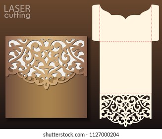 Die laser cut wedding card vector template. Invitation envelope. Wedding lace invitation mockup. Template for laser cutting. Die cut pocket envelope template. It can be used as an envelope for CD-ROM.