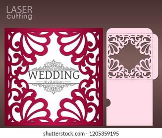 Die laser cut wedding card vector template. Invitation envelope with lace frame. Wedding lace invitation mockup. Template for cutting. Die cut pocket envelope template.