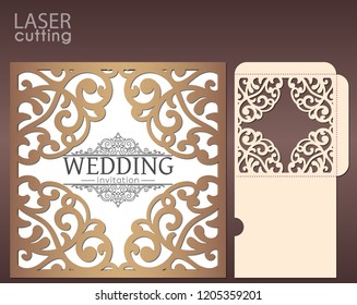 Die laser cut wedding card vector template. Invitation envelope with lace frame. Wedding lace invitation mockup. Template for cutting. Die cut pocket envelope template.