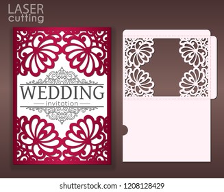 Die laser cut wedding card vector template. Invitation envelope with lace frame. Wedding lace invitation mockup. Template for cutting. Die cut pocket envelope template.