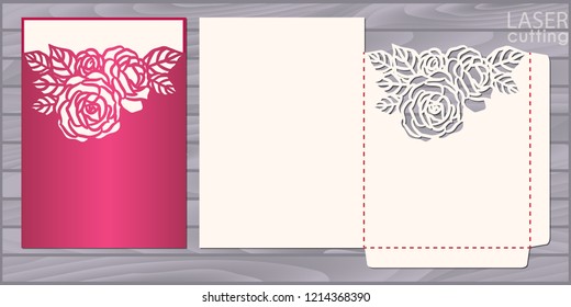 Die laser cut wedding card vector template. Invitation pocket envelope with roses pattern. Wedding lace invitation mockup.