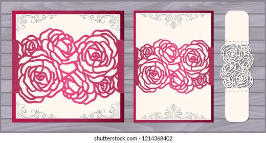 Die laser cut wedding card vector template. Invitation pocket envelope with roses pattern. Wedding lace invitation mockup.