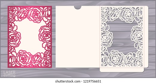 Die laser cut wedding card vector template. Invitation pocket envelope with lace frame with roses pattern. Wedding lace invitation mockup.