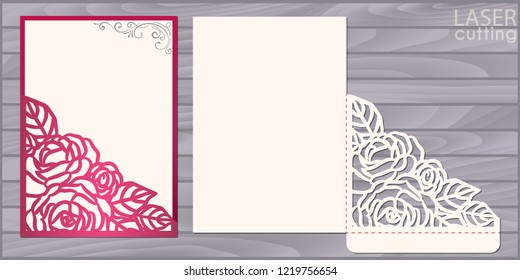 Die laser cut wedding card vector template. Invitation pocket envelope with lace corner with roses pattern. Wedding lace invitation mockup. svg