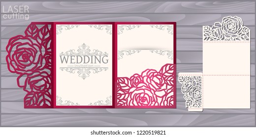 Die laser cut wedding card vector template. Invitation pocket tri fold envelope with roses pattern. Wedding lace invitation mockup. svg