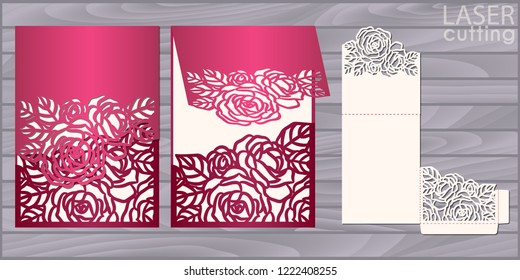 Die laser cut wedding card vector template. Invitation pocket envelope with roses pattern. Wedding lace invitation mockup.