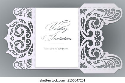 Die Laser schneiden Hochzeitskarte Vektorvorlage. Hochzeitslace-Einladung verspotten. Cutout Papierfaltenkarte für Laserschneiden oder Stanzschablone.