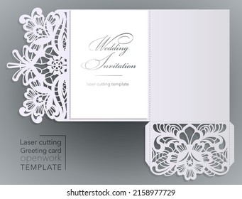 Die laser cut wedding card vector template. Invitation envelope. Wedding lace invitation mockup. Template for laser cutting. Die-cut pocket envelope template