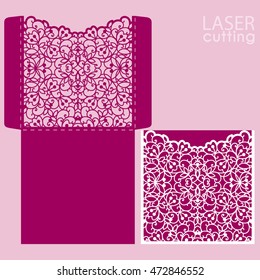 Die laser cut wedding card vector template. Invitation envelope. Wedding lace invitation mockup. Template for laser cutting. Die cut pocket envelope template. It can be used as an envelope for CD-ROM.