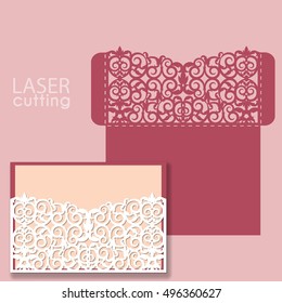 Die laser cut wedding card vector template. Invitation envelope. Wedding lace invitation mockup. Template for laser cutting. Die cut pocket envelope template. 