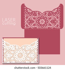 Die laser cut wedding card vector template. Invitation envelope. Wedding lace invitation mockup. Template for laser cutting. Die cut pocket envelope template.