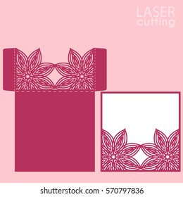 Die laser cut wedding card vector template. Invitation envelope. Wedding lace invitation mockup. Template for laser cutting. Die cut pocket envelope template. 