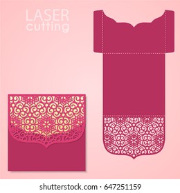 Die laser cut wedding card vector template. Invitation envelope. Wedding lace invitation mockup. Template for laser cutting. Die cut pocket envelope template. It can be used as an envelope for CD-ROM.