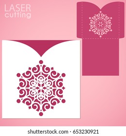 Die laser cut wedding card vector template. Invitation envelope. Wedding lace invitation mockup. Template for laser cutting. Die cut pocket envelope template. It can be used as an envelope for CD-ROM.