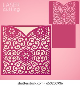 Die laser cut wedding card vector template. Invitation envelope. Wedding lace invitation mockup. Template for laser cutting. Die cut pocket envelope template. It can be used as an envelope for CD-ROM.