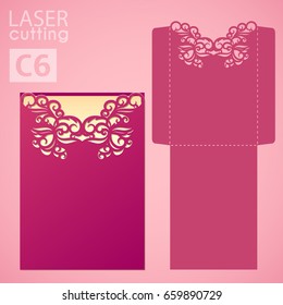 Die laser cut wedding card vector template. Invitation envelope. Wedding lace invitation mockup. Template for laser cutting. Die cut pocket envelope template.