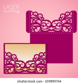 Die laser cut wedding card vector template. Invitation envelope. Wedding lace invitation mockup. Template for laser cutting. Die cut pocket envelope template.