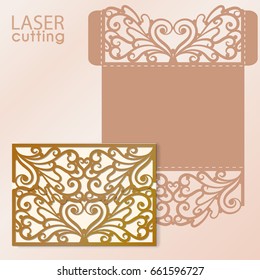 Lasergeschnittene Hochzeitskarte, Vektorvorlage. Einladungskuvert. Einladungs-Mockup für Hochzeitsspitzen. Schablone für Laserschneiden. Gesenkte Taschenumschlagvorlage.