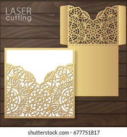 Die laser cut wedding card vector template. Invitation envelope. Wedding lace invitation mockup. Template for laser cutting. Die cut pocket envelope template. It can be used as an envelope for CD-ROM.