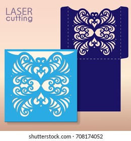 Die laser cut wedding card vector template. Invitation envelope. Wedding lace invitation mockup. Template for laser cutting. Die cut pocket envelope template.