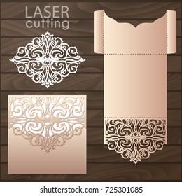 Die laser cut wedding card vector template. Invitation envelope. Wedding lace invitation mockup. Template for laser cutting. Die cut pocket envelope template.