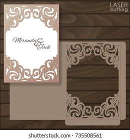 Die laser cut wedding card vector template. Invitation envelope with lace frame. Wedding lace invitation mockup. Template for cutting. Die cut pocket envelope template.