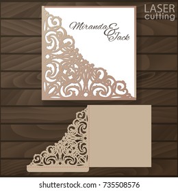 Die laser cut wedding card vector template. Invitation envelope with lace corner. Wedding lace invitation mockup. Template for cutting. Die cut pocket envelope template.