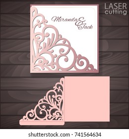 Die laser cut wedding card vector template. Invitation envelope with lace corner. Wedding lace invitation mockup. Template for cutting. Die cut pocket envelope template. svg