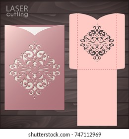 Die laser cut wedding card vector template. Invitation envelope. Wedding lace invitation mockup. Template for laser cutting. Die cut pocket envelope template.