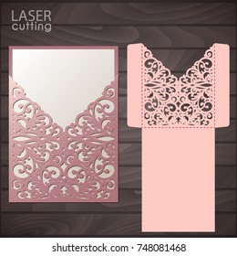 Die laser cut wedding card vector template. Invitation envelope. Wedding lace invitation mockup. Template for laser cutting. Die cut pocket envelope template.