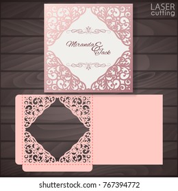 Die laser cut wedding card vector template. Invitation envelope with lace frame. Wedding lace invitation mockup. Template for cutting. Die cut pocket envelope template.