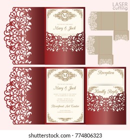 Die laser cut wedding card vector template. Invitation envelope. Wedding lace invitation mockup. Template for laser cutting. Die cut pocket envelope template.