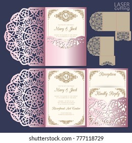 Die laser cut wedding card vector template. Invitation envelope. Wedding lace invitation mockup. Template for laser cutting. Die cut pocket envelope template.