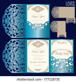 Die laser cut wedding card vector template. Invitation envelope. Wedding lace invitation mockup. Template for laser cutting. Die cut pocket envelope template.