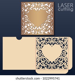 Die laser cut wedding envelope template with heart-shaped frame. Wedding lace invitation mockup. Template for cutting. Die cut pocket envelope template.