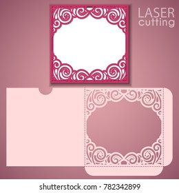 Die laser cut wedding envelope template with lace frame. Wedding lace invitation mockup. Template for cutting. Die cut pocket envelope template.