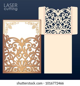 Die laser cut wedding invitation card template vector. Wedding invitation or greeting envelope with abstract ornament. Open card. Suitable for greeting cards, invitations, menus.