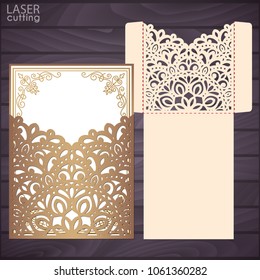 Die laser cut wedding invitation card template vector. Wedding invitation or greeting pocket envelope with abstract ornament. Open card. Suitable for greeting cards, invitations, menus.