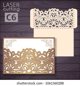 Die laser cut wedding invitation card template vector. Wedding invitation or greeting pocket envelope with abstract ornament. Open card. Suitable for greeting cards, invitations, menus.