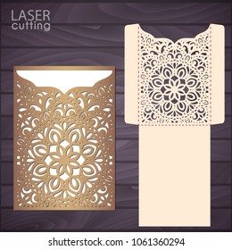 Die laser cut wedding invitation card template vector. Wedding invitation or greeting pocket envelope with abstract ornament. Open card. Suitable for greeting cards, invitations, menus.