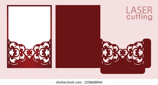 Die laser cut wedding invitation card template vector. Wedding pocket envelope or greeting card with abstract ornament. Open card. Suitable for greeting cards, invitations, menus.