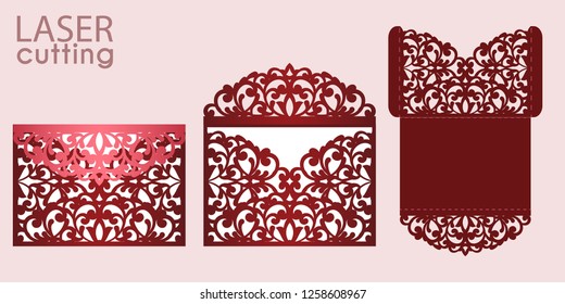 Die laser cut wedding invitation card template vector. Wedding pocket envelope or greeting card with abstract ornament. Open card. Suitable for greeting cards, invitations, menus.