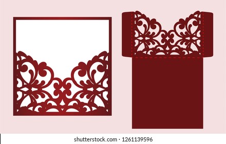 Vector de plantilla de la tarjeta de invitación a boda de corte láser. Sobre de bolsillo de boda o tarjeta de felicitación con adorno abstracto. Abrir tarjeta. Apropiado para tarjetas de felicitación, invitaciones, menús.