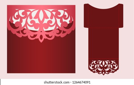 Die laser cut wedding invitation card template vector. Wedding pocket envelope or greeting card with abstract ornament. Open card. Suitable for greeting cards, invitations, menus.