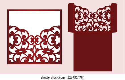 Die laser cut wedding invitation card template vector. Wedding pocket envelope or greeting card with abstract ornament. Open card. Suitable for greeting cards, invitations, menus.