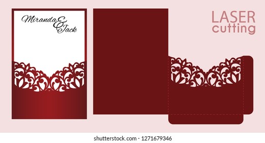 Die laser cut wedding invitation card template vector. Wedding pocket envelope or greeting card with lace patternt. Open card. Suitable for greeting cards, invitations, menus.