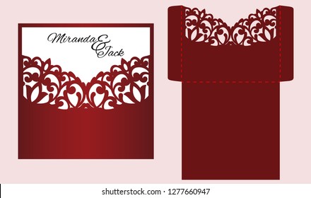 Die laser cut wedding invitation card template vector. Wedding pocket envelope or greeting card with lace patternt. Open card. Suitable for greeting cards, invitations, menus.